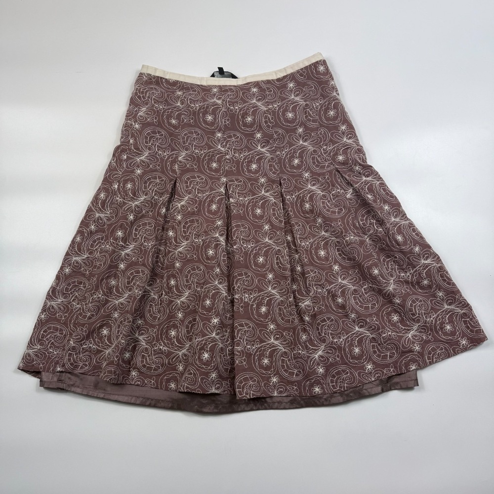 Accent Versatile A-Line Skirt Womens 8 Brown Lined Embroidered Pleated Back Zip